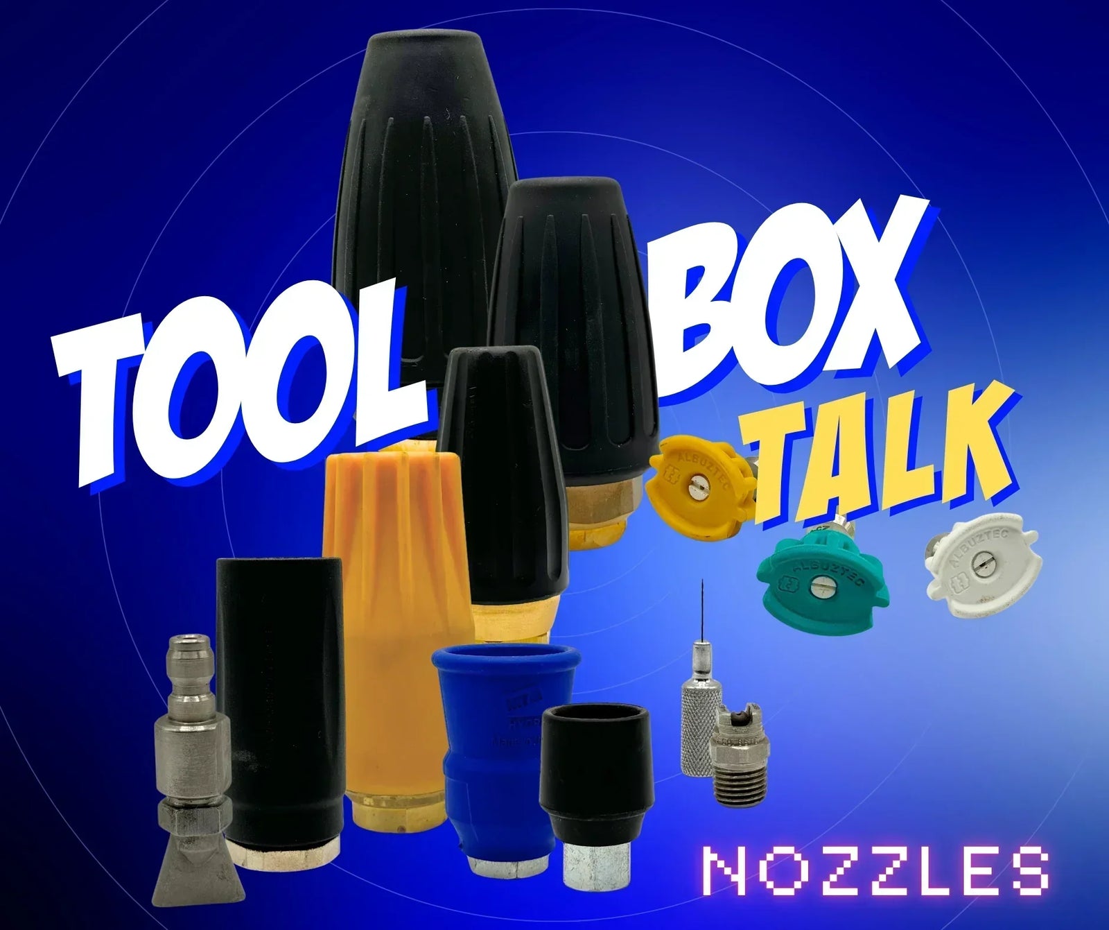 Assorted pressure washer nozzles with 'Tool Box Talk' text, Rutland Pumps branding, blue background.