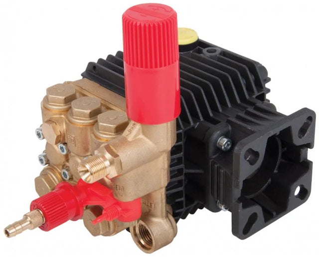 Interpump TT1512CVB pressure washer pump with red adjustment knobs, brass head, and black cooling fins