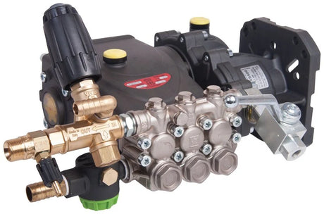 Interpump pressure washer pump assembly with brass fittings and control knob, by Rutland Pumps