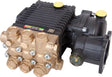 Interpump W154 RS99 pressure washer pump brass and black sub-assembly on white background