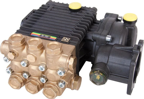 Interpump W154 RS99 pressure washer pump brass and black sub-assembly on white background