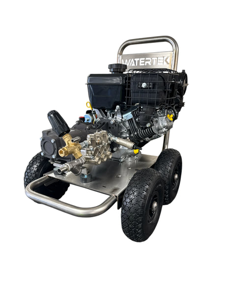 Watertek Vanguard V400 electric start pressure washer with four-wheel upright trolley by Rutland Pumps